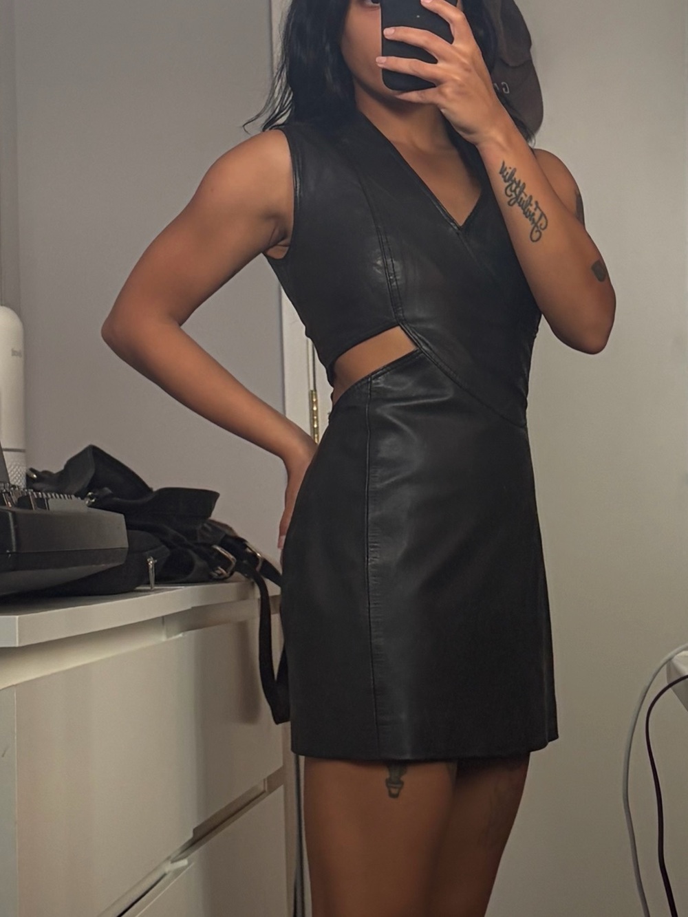 Gestuz Sleeveless Black Genuine Leather Cutout Mini Dress